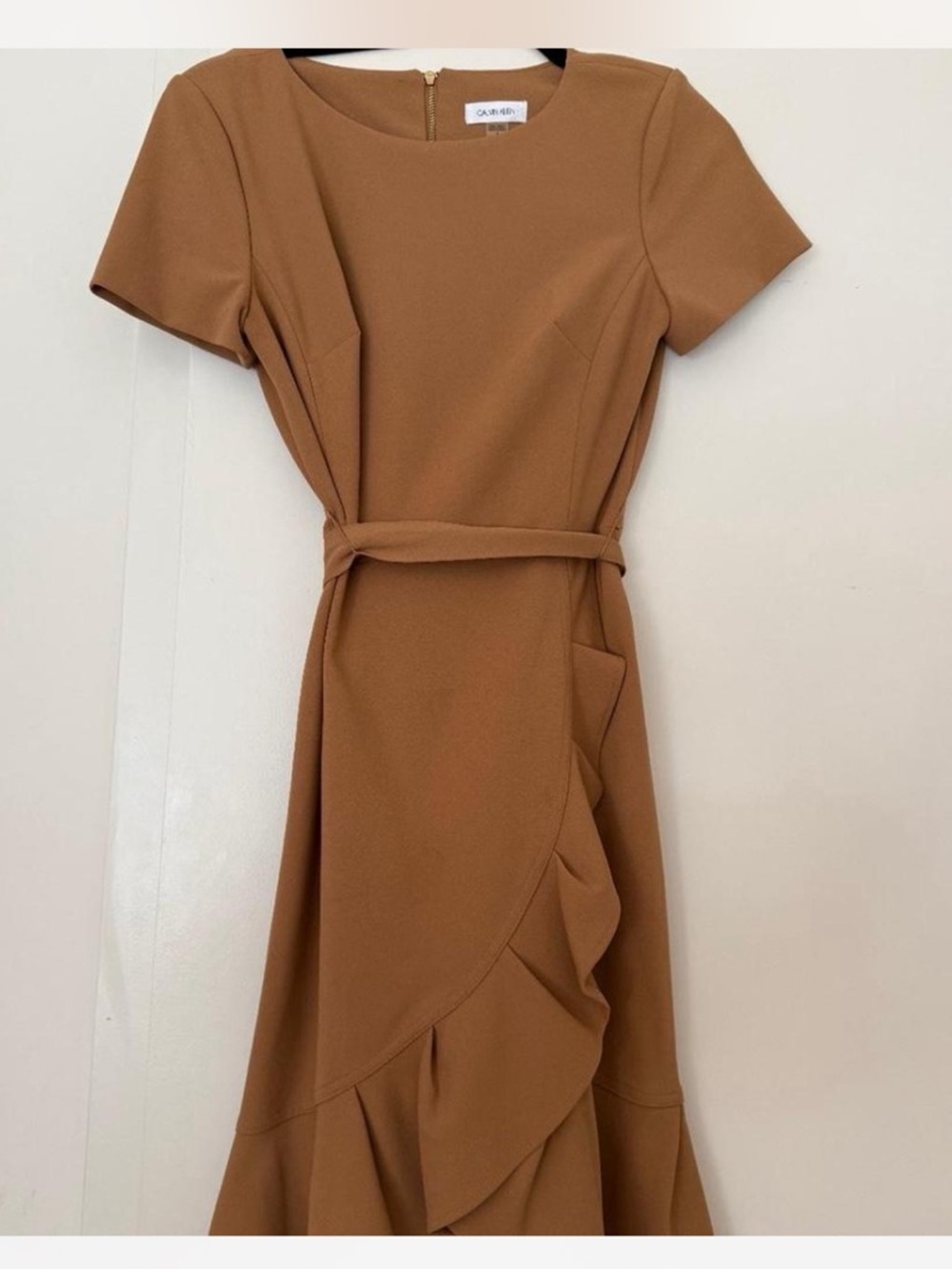 Calvin Klein Camel Belted Ruffle Midi Dress
